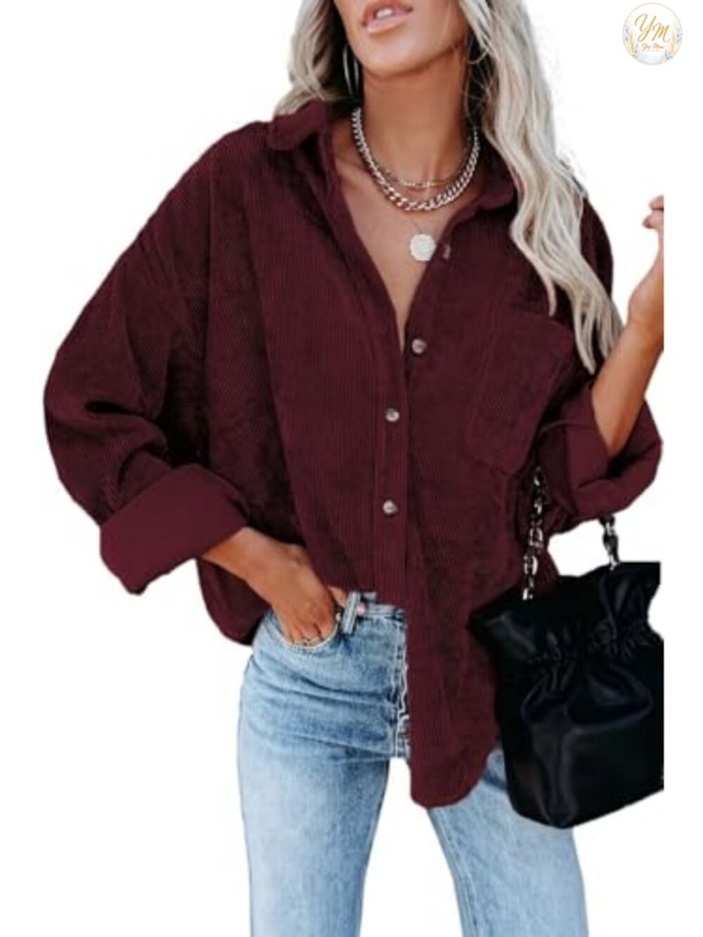 Magritta Womens Corduroy Button Down Shirt Long Sleeve V Neck Loose Fit Blouse
